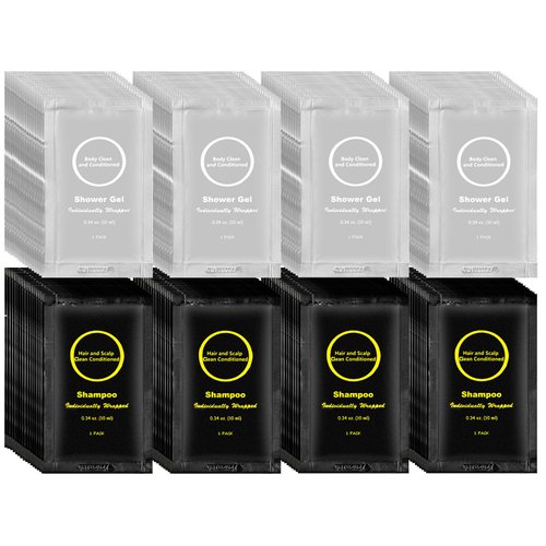Travel Size Shampoo and Body Wash Bulk, Individually Wrapped Hotel Mini Shower Gel and Small Men Women Cleansing Toiletries Amenities for Hotel Guests/ Vacation/ Homeless 0.34 oz (60 Pack)