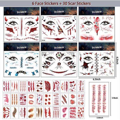 260+ PCS 36 Sheets Fake Tattoos Halloween Zombie Makeup Tattoos Temporary Realistic,Halloween Scar Tattoo Face Big Mouth Face Temporary Tattoos for women Men Kids