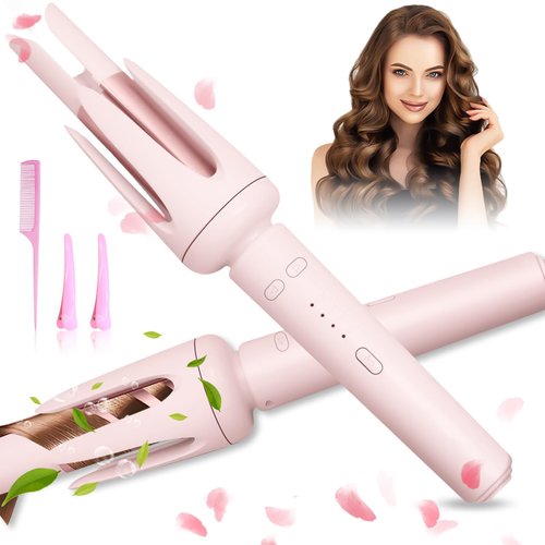 Auto Hair Curler, Curling Wand for Long Hair, Automatic Curling Iron with 3 Temperature, Automatic Shut-Off, Anti-Scald, Anti-Tangle Rotating Curling Wand for Hair Styling, Pink