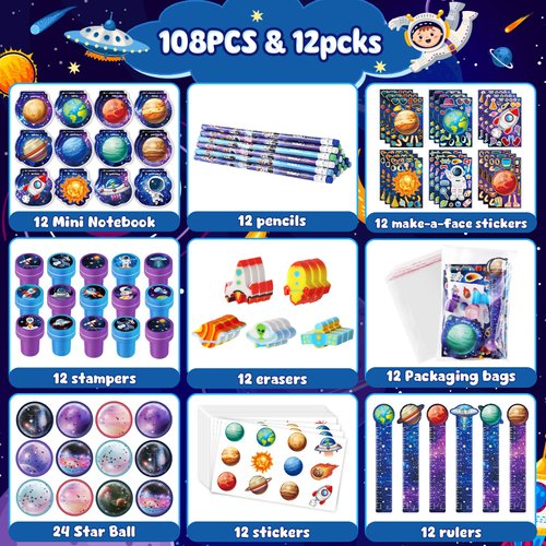 BenLouis 108Pcs Outer Space Themed Party Favors Space Alien Sticker Stampers School Stationery Set Bulk Classroom Prizes for Astronaut Planet Birthday Party Goodie Bags Fillers