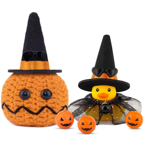 wonuu Halloween Decoration Rubber Duck Witch Duck Car Ornament Halloween Accessories Witch Hat Pumpkin Skull, Skirt+Pumpkin