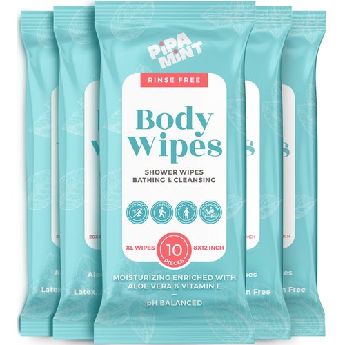 Body Wipes (5 Packs) 50 XL Shower for Adults Bathing, Traveling, Camping, Gym, Car, Adult Elderly, Bedridden Bath - Disposable Washcloths No Rinse