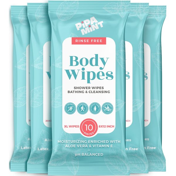Body Wipes (5 Packs) 50 XL Shower for Adults Bathing, Traveling, Camping, Gym, Car, Adult Elderly, Bedridden Bath - Disposable Washcloths No Rinse