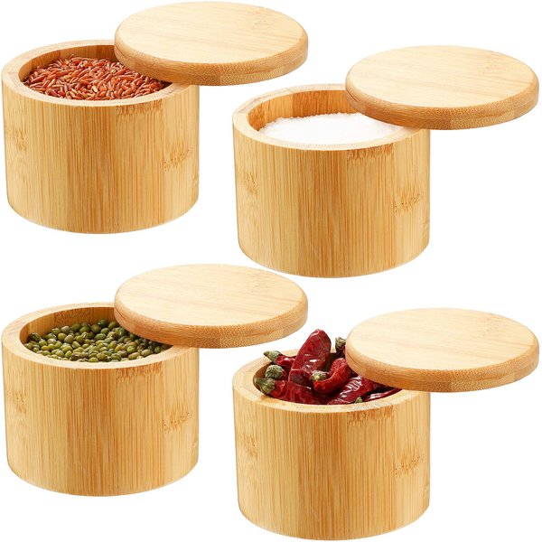 4 Pieces Bamboo Salt Storage with Magnetic Swivel Lid Salt and Spice Storage Box Storage Compartment Salt Bamboo Pepper Box for Kitchen