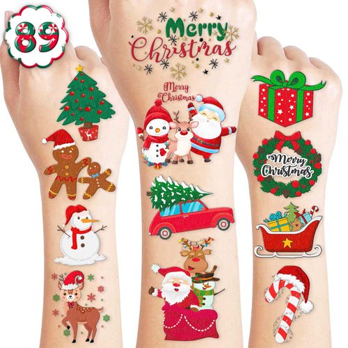 8 Sheets Christmas Temporary Tattoos Stickers Themed Birthday Party Decorations Supplies Favors Decor Winter Xmas Santa for Women Kids Adults Gifts Prizes Rewards