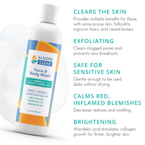 Almond Clear Face & Body Wash [17.25 Fl Oz] Skin Care for Acne and Folliculitis-Prone Skin - Gentle Everyday Exfoliating Cleanser with Mandelic Acid and Botanicals