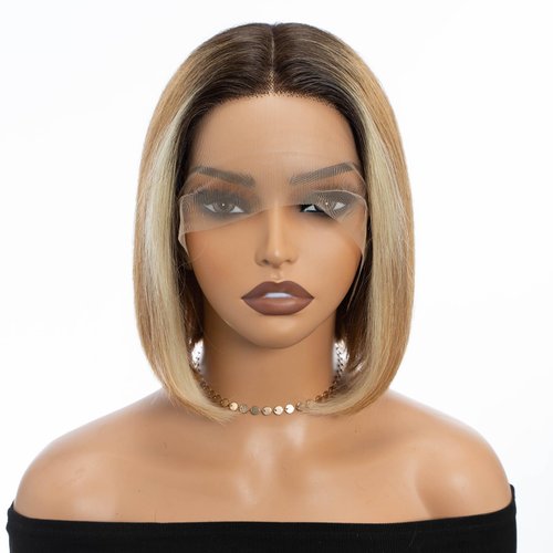 DÉBUT Skunk Stripe T Part Short Bob Wigs Lace Front Human Hair Wigs for Black Women Brazilian Virgin Straight Hair Middle Part Wigs Ombre Brown Blonde Highlight 613 8 Inch
