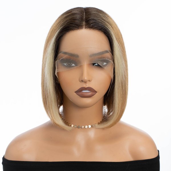 DÉBUT Skunk Stripe T Part Short Bob Wigs Lace Front Human Hair Wigs for Black Women Brazilian Virgin Straight Hair Middle Part Wigs Ombre Brown Blonde Highlight 613 8 Inch