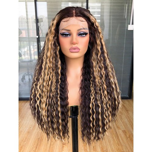 Annivia 26Inch Curly Lace Front Wigs,Honey Blonde Highlights Deep Wave Lace Front wig for Black Women,HD Glueless Lace Wigs Pre Plucked Afro Kinky Curly Synthetic Lace Frontal Wigs