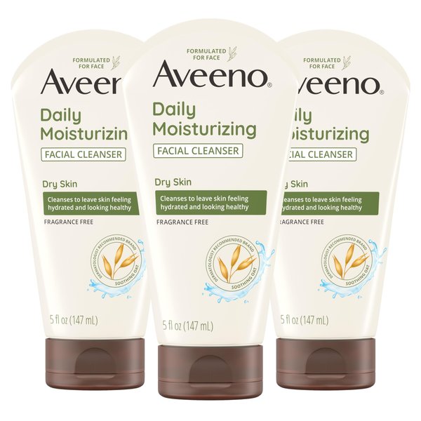 Aveeno Daily Moisturizing Facial Cleanser for Dry Skin, Hydrating Acne Face Wash with Soothing Oat for soft & Supple Skin, Free of Parabens, Sulfates, Fragrance, Dyes & Soaps, 5 FL OZ (Pack of 3)