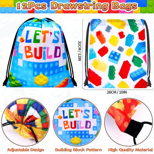 Winrayk 12 Sets Building Blocks Party Favors Birthday Supplies for Kids, Building Block Themed Drawstring Bags Stickers Filler Goody Bag Stuffers, Girls Boys Game Building Blocks Birthday Party Favors