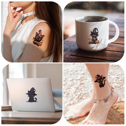 8 Sheets Halloween Temporary Tattoos for Kids, Cat with Witch Hat Tattoo Stickers for Halloween Party Decorations Supplies Favors Goodie Bag Fillers Makeup