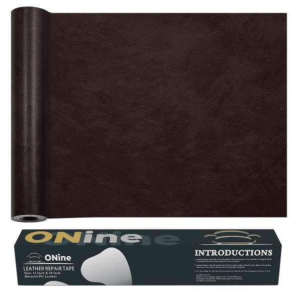 ONine Leather Repair Patch，Leather Repair Tape, 12 x 48 inches Leather Repair Patch for Furniture,Vinyl Repair Kit，Leather Couch Patch，for Sofas, Furniture, Car Seats(Dark Brown)