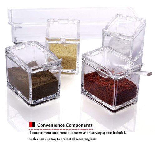 Clear Seasoning Rack Spice Pots by AIQI - 4 Piece Acrylic Seasoning Box - Storage Container Condiment Jars - Cruet with Cover and Spoon