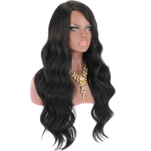 Kalyss 26 Inches Black Synthetic Hair Wigs for Women Right Side Parted Natural Looking Long Body Wavy Curly Wigs Heat Resistant Replacement Wigs