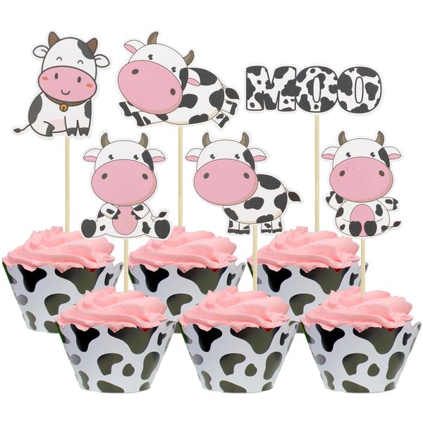 Gyufise 36Pcs Cow Cupcake Toppers Farm Animal Happy Birthday Cupcake Decorations for Cow Farm Animal Zoo Themed Kids Boy Girl Birthday Party Supplies Three Layers Party Decor