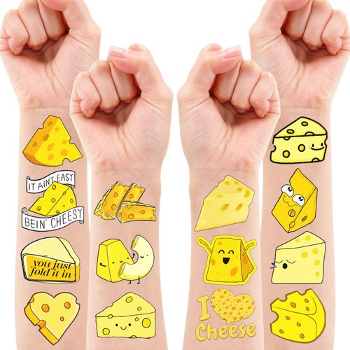 107 PCS Funny Cheese Temporary Tattoos Birthday Party Decorations Supplies Favors Cute Yellow Cheese Dairy Food Sweet Cheesy Decor Stickers For Boys Girls Gift School Prizes Rewards