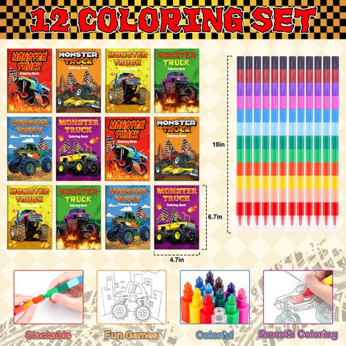 Miucat 12Pcs Monster Truck Party Favors Coloring Books with 12Pcs Stacking Crayons, Machines Jam Birthday Favors Books for Kids Boys Gifts Classroom Supplies
