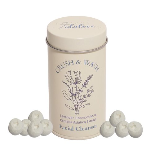 Tidalove 3-in-1 Solid Facial Cleanser, Exfoliator, and Wash-off Mask - Vegan, Cruelty-Free, Plastic-Free, Travel-Friendly, 1 Month Supply (60 Crushable Tablets) in Tin (Calming Beans in Tin)