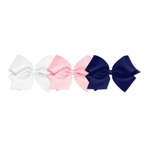 Wee Ones Girls' King Bow 3 Pack Set Solid Grosgrain Variety Pack on a WeeStay No-Slip Hair Clip - White, Light Pink, and Light Navy