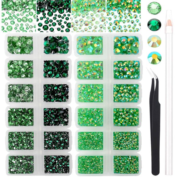 AUREHEN 15000PCs 2-6MM Green Series Resin Flat Back Rhinestones, Round Non Hotfix Jelly & Silver Bottom Resin Rhinestones Nail Gems Stones with Tweezer & Picker Pen for Nail Art Tumblers & DIY Crafts