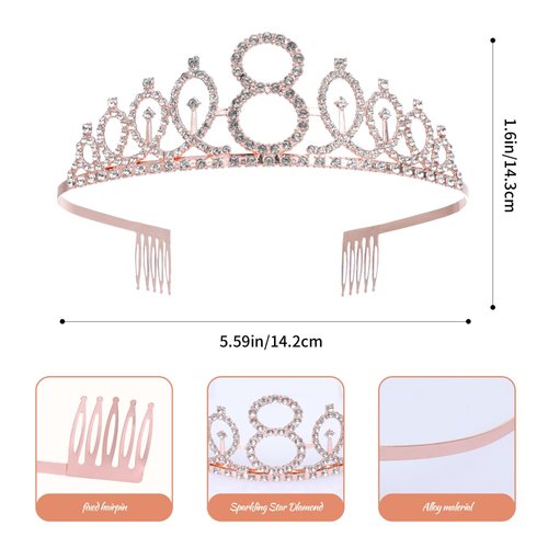 8th Birthday Sash and Tiara Set Rose Gold Birthday Sash Crown Birthday Party Favors Supplies for Birthday Party