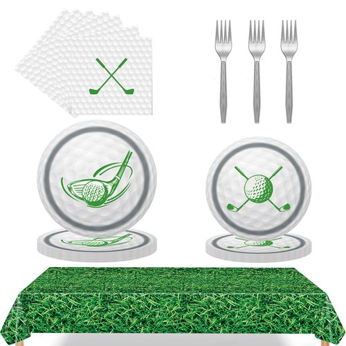 97 Pcs Golf Party Supplies Disposable Tableware Set Serve 24 Guests Include Golf Paper Plates and Napkins Forks Green Grass Field Plastic Tablecloth Golf Birthday Party Decorations Sports Themed