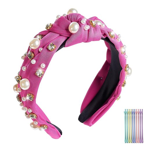 TANOSII Valentine’s Day Knotted Headband for Women Wide Headbands Hair Accessories Jeweled Hairband Pearl Rhinestone Rose Red