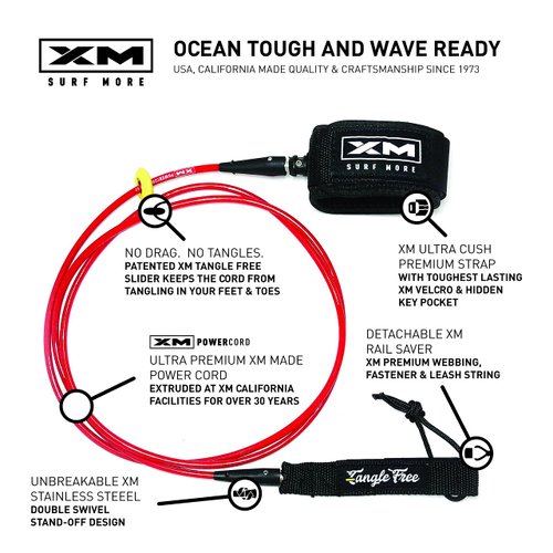 XM SURF MORE Regular 8ft Surfboard Leash with Tangle Free Upgrade, Cord Thickness (.270in), Key Pocket, Unbreakable Swivels, Detachable Railsaver, Made in USA