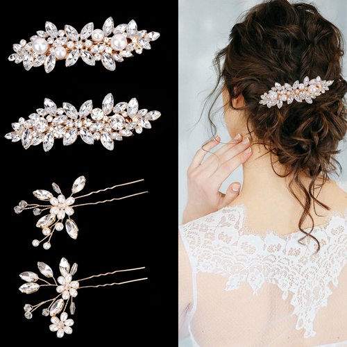 Aprince Rhinestone Wedding Hair Clips Hair Pins 4Pcs Crystal Fancy Barrettes for Thick Thin Hair Bridal Wedding Hair Accessories for Women Girls (Gold)