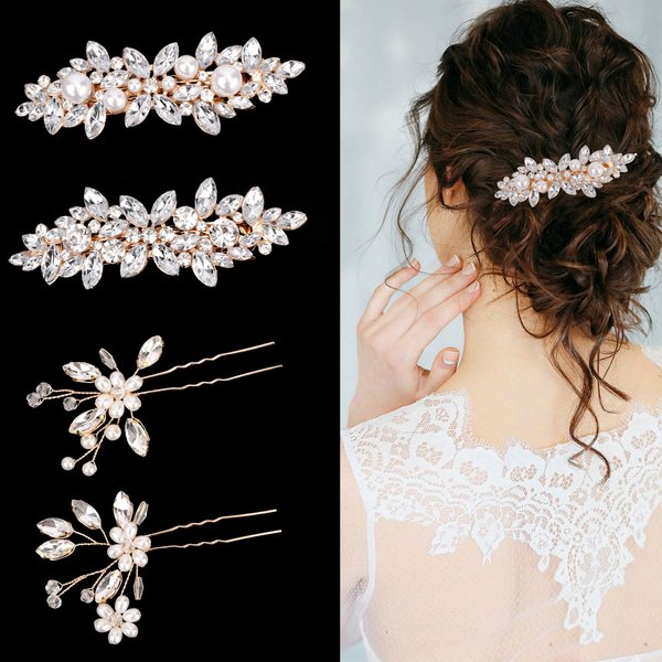 Aprince Rhinestone Wedding Hair Clips Hair Pins 4Pcs Crystal Fancy Barrettes for Thick Thin Hair Bridal Wedding Hair Accessories for Women Girls (Gold)