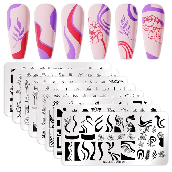 Born Pretty Nail Art Stamping Templates Set Flowers Leaves Plant French Stamping Image Plates Manicure DIY Design Stamp Plates 8PCS