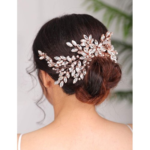 Denifery Rose Gold Bridal Hair Comb Sparkly Rhinestones Wedding Hair Comb Pearl Bridal Headpiece Rose Gold Hair Accessories for Women and Girls (Rose Gold)