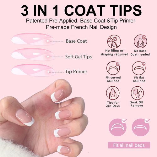 French False Nails Kit, Press on Nails with Glue 240Pcs Short Square Fake Nails French White Tip Pink Color Glossy Full Cover Glue on Nails for Women (Short Square)