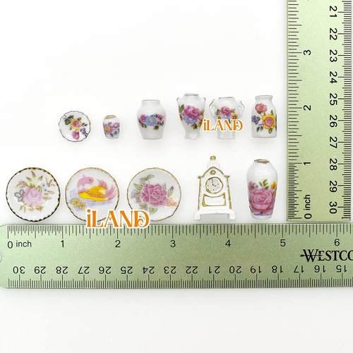iLAND Miniature Dollhouse Accessories for Dollhouse Furniture, Mini Porcelain Vases and Decorative Plates w/a Desk Clock (Elegant Rose 11pcs)