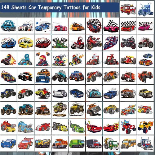 CHARLENT 148 PCS Race Car and Monster Truck Temporary Tattoos for Kids - GoKart Car Individual Tattoos for Boys Racecar Birthday Party Favors Goodie Bag Fillers