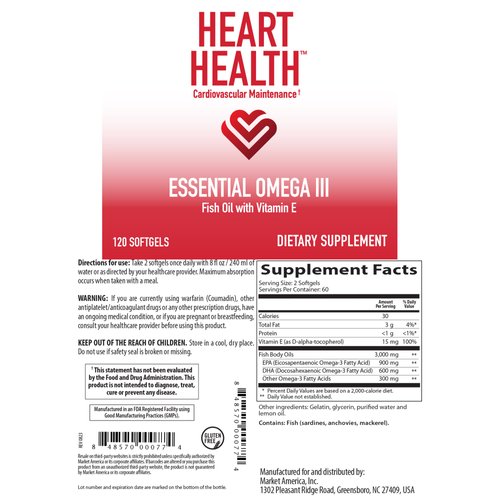 Heart Health Essential Omega 3 Fish Oil with Vitamin E. Helps maintain normal cholesterol levels, healthy blood pressure, promotes joint health. Non-GMO, gluten free. By Market America (120 Soft Gels)