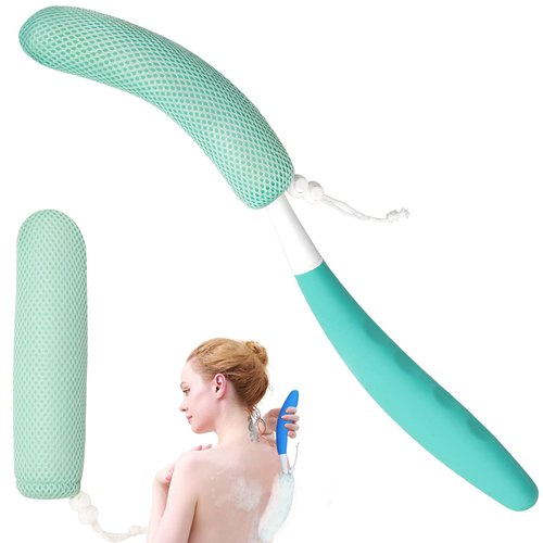 15.35" Back Bath Brush with Sponge,Back Scrubber Bath Mesh with Anti-Slip Curved Long Handle Bath Body Brush for Elderly Aid Bathing and Shower