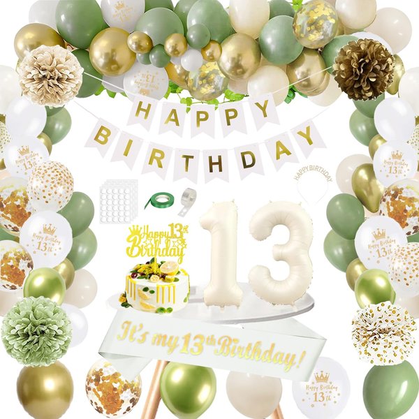 GYESXYW Sage Green 13th Birthday Decorations for Girls, Olive Green and Gold 13th Birthday Decorations Set, Happy Birthday Banner, Birthday Sash, Crown, Confetti Balloons for Girls Party Supplies