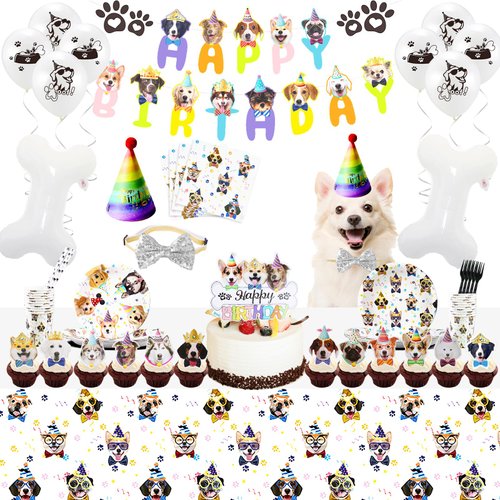 109pcs Dog Birthday Party Supplies,Dog Birthday Decorations Girl,Dog Theme Party Favor Set Includes Hats,Bow Tie,Birthday Banners,Balloon,Cake Topper,Cupcake Topper,Tablecioth,Plate,Fork,Cup,Straw