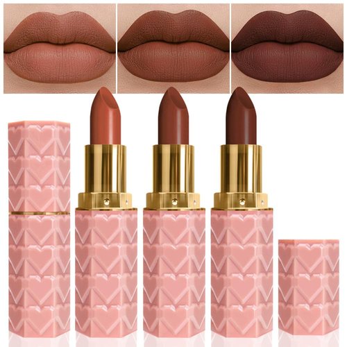 3 Pcs Matte Velvet Lipstick for Women Set,Nude Long Lasting Matte Lipstick 24H Waterproof for Girls Natural Lip Makeup,Matte Non-Stick Lipstick Makeup for Women,labiales magicos 24 horas originales