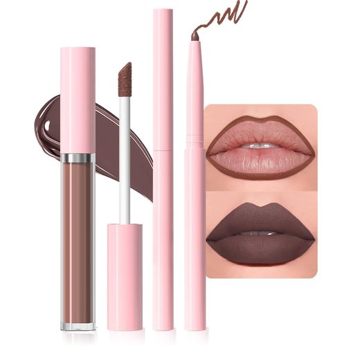 evpct Retractable 1Pcs Lip Liner Pencils and 1 Pcs Lip Gloss Makeup Set for Shaping & Sculpting Lips, Brown Long-Lasting Waterproof Longwear Matte Rich Lip Colors Liner Crayon Liquid Lipstick 05#