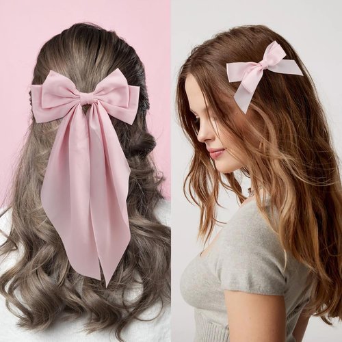 Atoden Pink Hair Bows for Women Girls 4 Pcs Silky Satin Hair Ribbons Oversized Long Tail Bow Hair Clips Hair Barrettes Alligator Metal Clips Big Bowknot Cute Hair Accessories Gifts