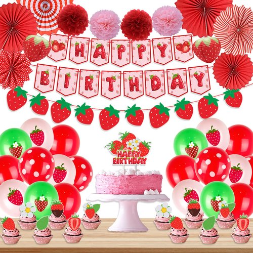 Strawberry Birthday Party Decorations Include Strawberry Shortcake Birthday Banner Cake Toppers Balloons Paper Pompoms and Fans for Girl Strawberry Themed Birthday Party Decorations Supplies