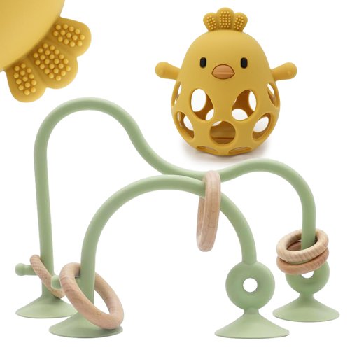Baby High Chair Toys Teething Chew - Baby Table Toys, Baby High Chair Suction Toy Teething Toys Silicone Teethers, Food Grade Silicon for 6 12 18 Months (Green Yellow)