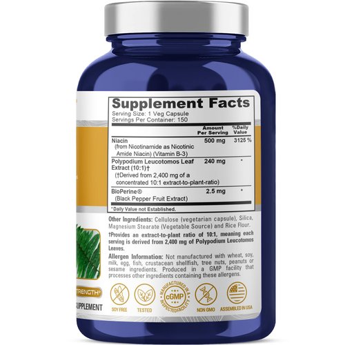 NusaPure Polypodium Nicotinamide 10:1 Extract, 240 mg Equivalent to 2,400 mg per Veg Caps - 150 Count (Non-GMO, Soyfree, Bioperine)