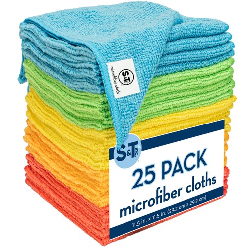 S&T INC. 25 Pack Microfiber Cleaning Cloth, Bulk Microfiber Towel for Home, Reusable Microfiber Towels for Cars, Assorted, 11.5 in. x 11.5 in., 25 Count