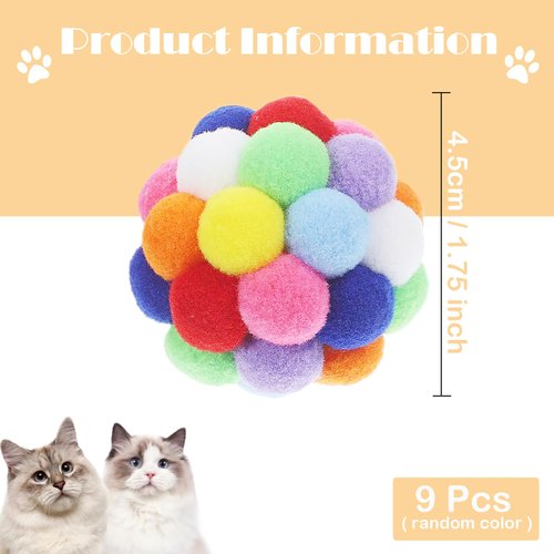 HaiPal 9PCS Cat Toy Balls, 1,75'' Soft Pom Pom Balls for Kittens, Colorful Soft Fuzzy Balls for Cats, Interactive Playing Chewing Toys for Indoor Cats and Kittens, Cute Kitten Kitty Toys