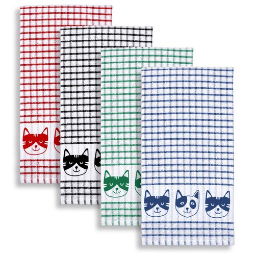 Cackleberry Home Cat Faces Terrycloth Kitchen Towels Windowpane Check Fabric, Set of 4 (Assorted)