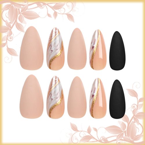 24 PCS Marble Press on Nails with Curve Line Design, Glossy Brown Glitter False Nails Gel Glue on Nails, Sparkly Gold River Manicure Art Acrylic Medium Almond Fake Nails Stick on Nails for Women Girls